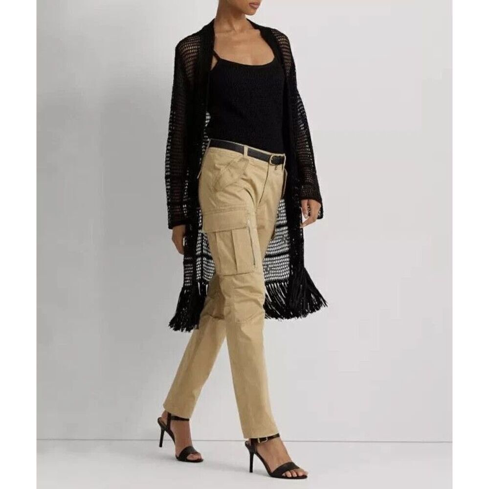 New RALPH LAUREN Women's Open Knit Linen Blend Cardigan $245 Fringe Black Mediu